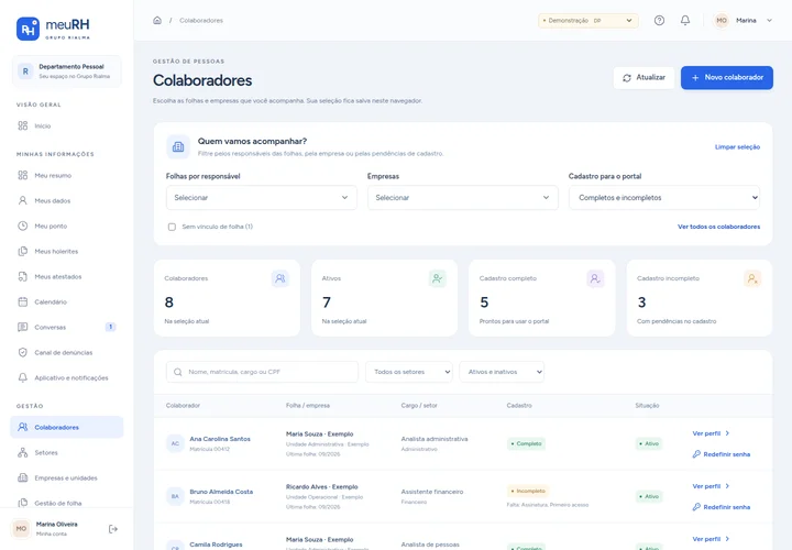 Gestão de colaboradores — MeuRH, interface real em demonstração com dados fictícios