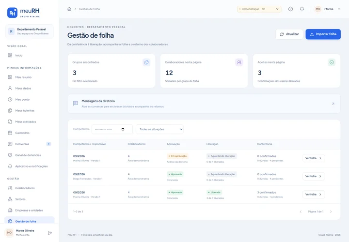 Gestão de folha — MeuRH, interface real em demonstração com dados fictícios