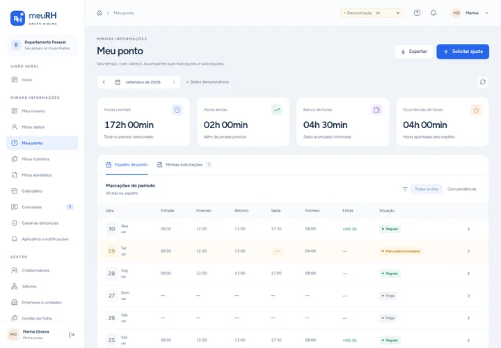 Ponto e jornada — MeuRH, interface real em demonstração com dados fictícios