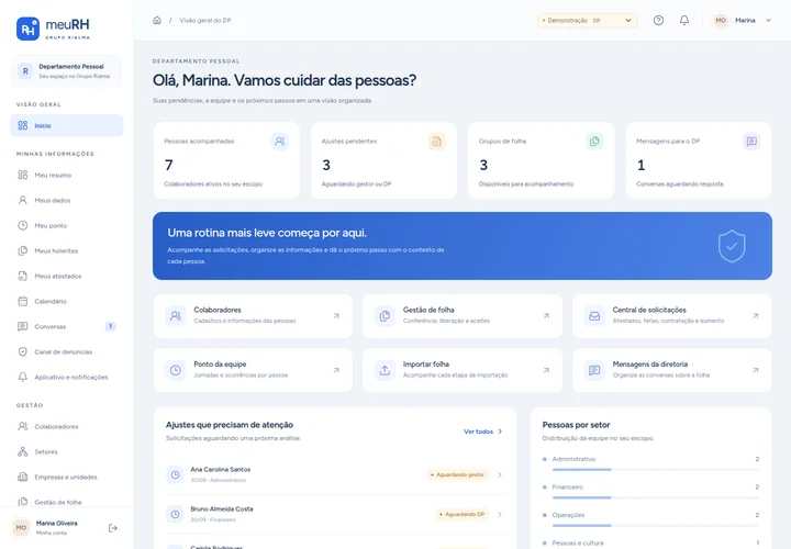 Visão geral do departamento pessoal — MeuRH, interface real em demonstração com dados fictícios